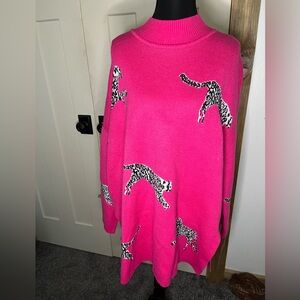 Pink Leopard Print Women's Sweater Tunic Length Mockneck